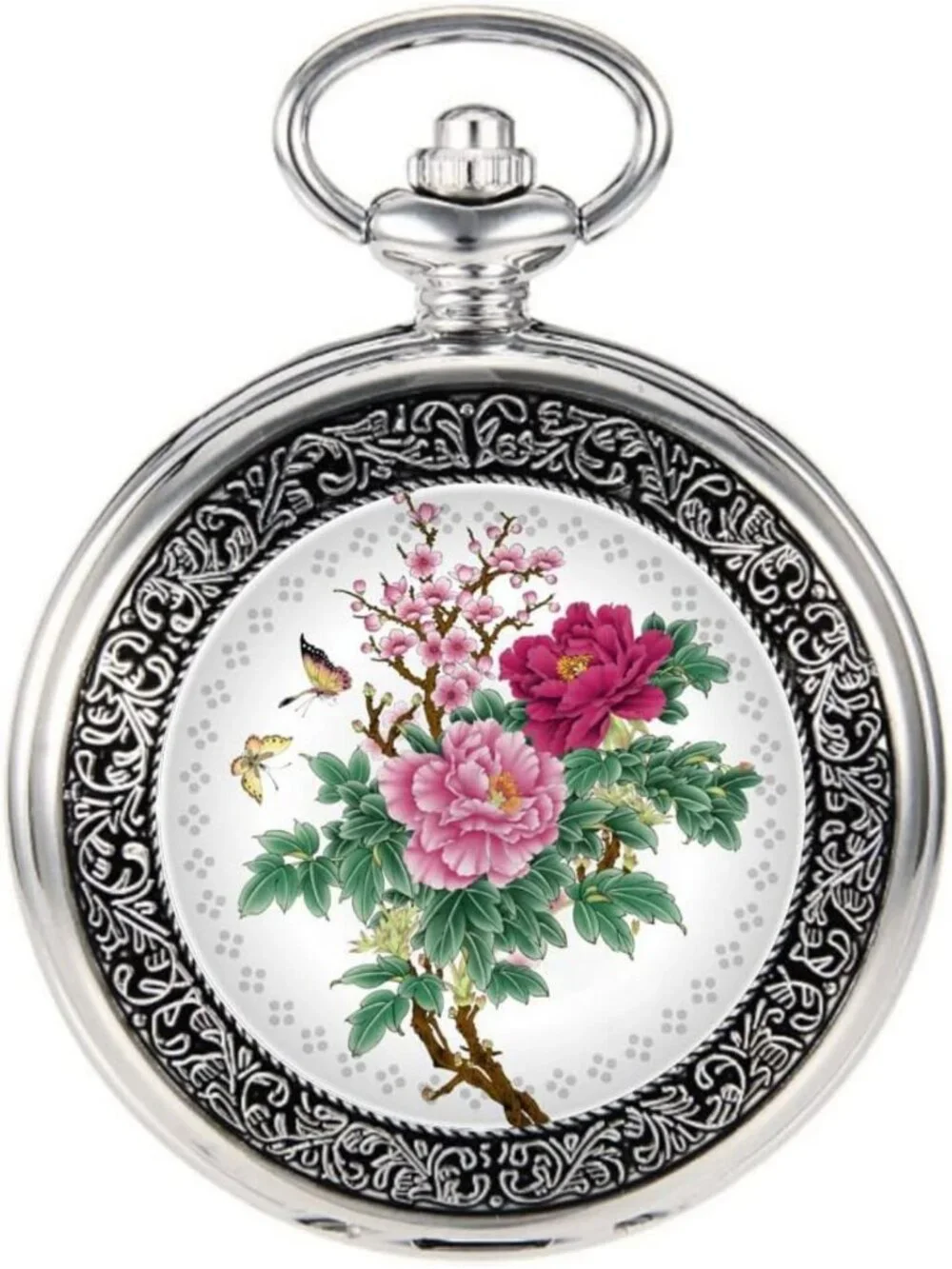 Vintage Floral Butterfly Pocket Watch with Chain | Retro Analog Pendant Gift